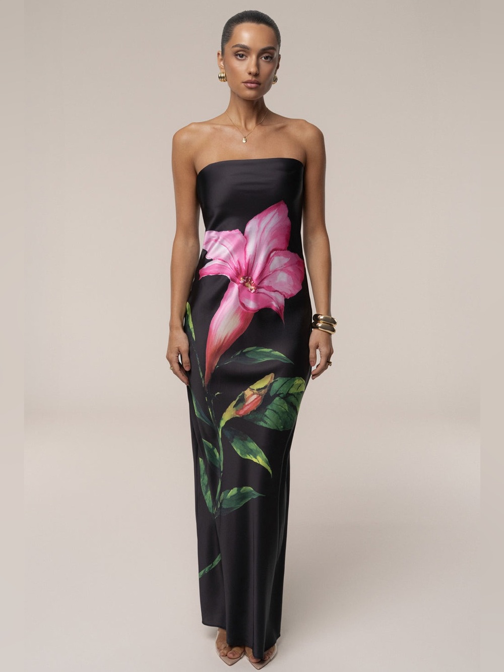 JLUXLABEL Black Strapless Maxi Dress with Pink Floral Print - Picture 2 of 5